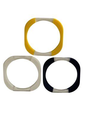 3 Vintage Lucite & Plastic MCM Bangle Bracelets Lot Squircle Yellow Navy Clear